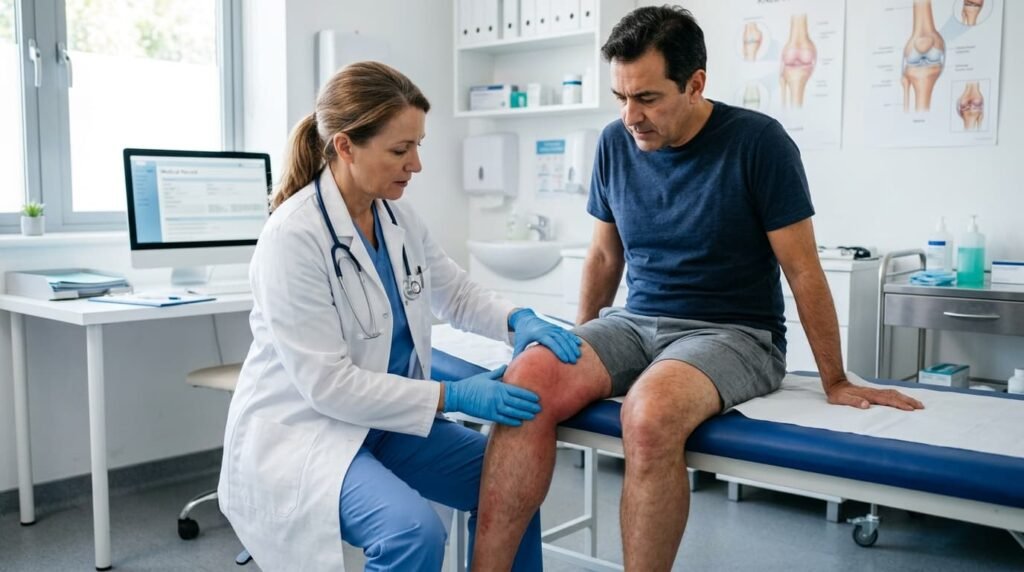 Doctor Examining Swollen Knee