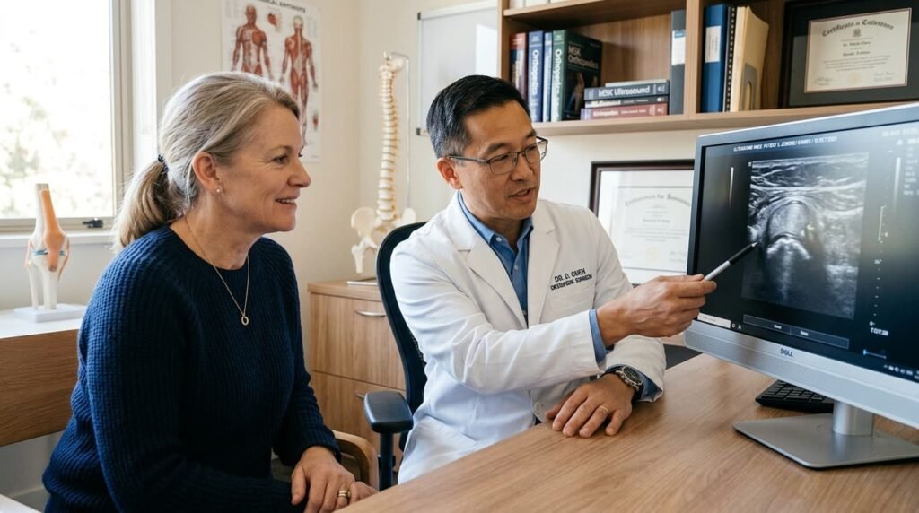 Orthopedic Specialist Reviewing Knee Ultrasound with Patient