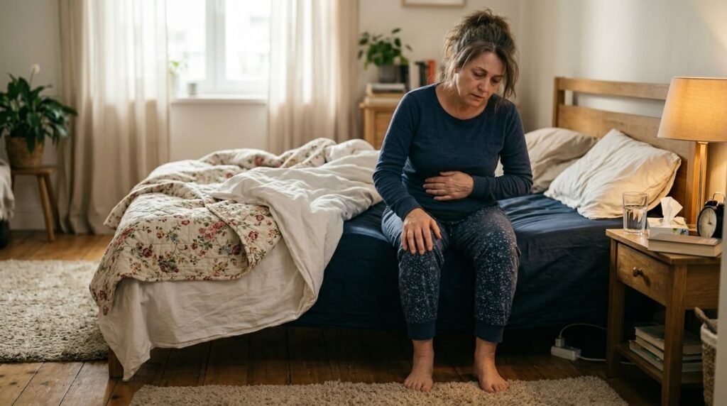 Woman Sitting on Bed with Morning Joint Stiffness
