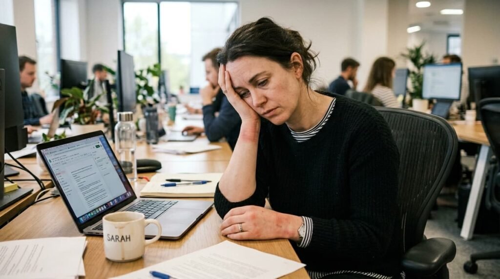 Woman Experiencing Joint Pain and Fatigue at Work