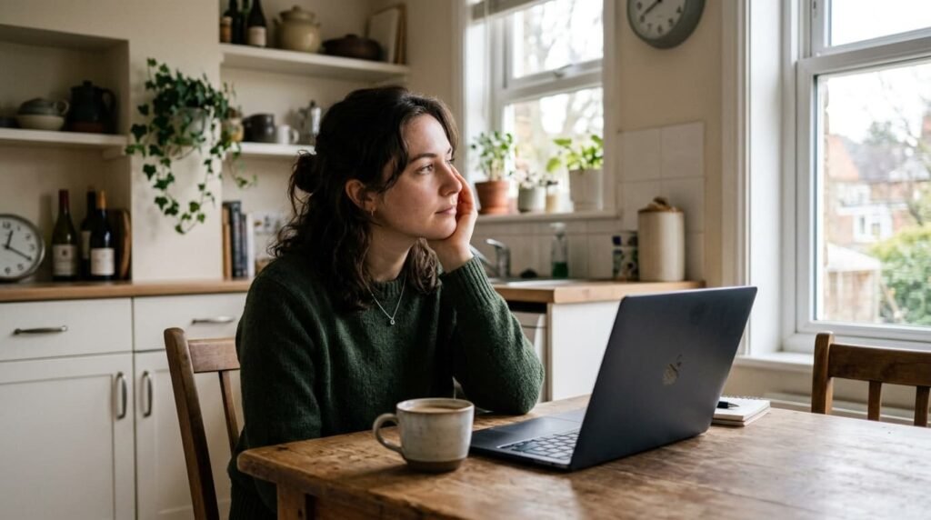 
Woman Managing PCOS Joint Pain Symptoms Through Online