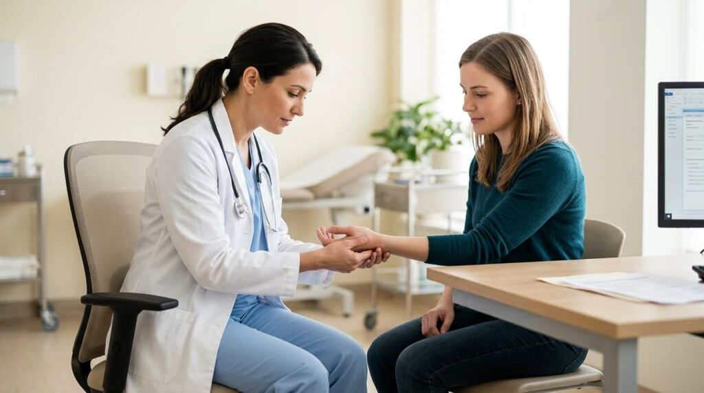 Doctor Examining Female Patient's Wrist Joint Pain