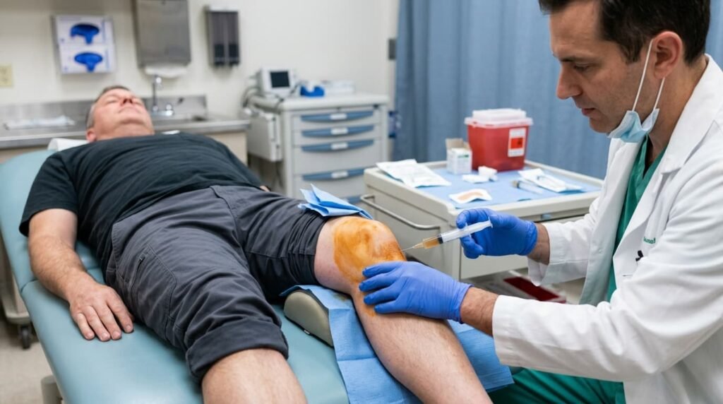 Doctor Performing Knee Aspiration Procedure on Patient
