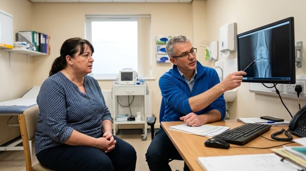 Overweight Female Patient Consulting Knee Specialist