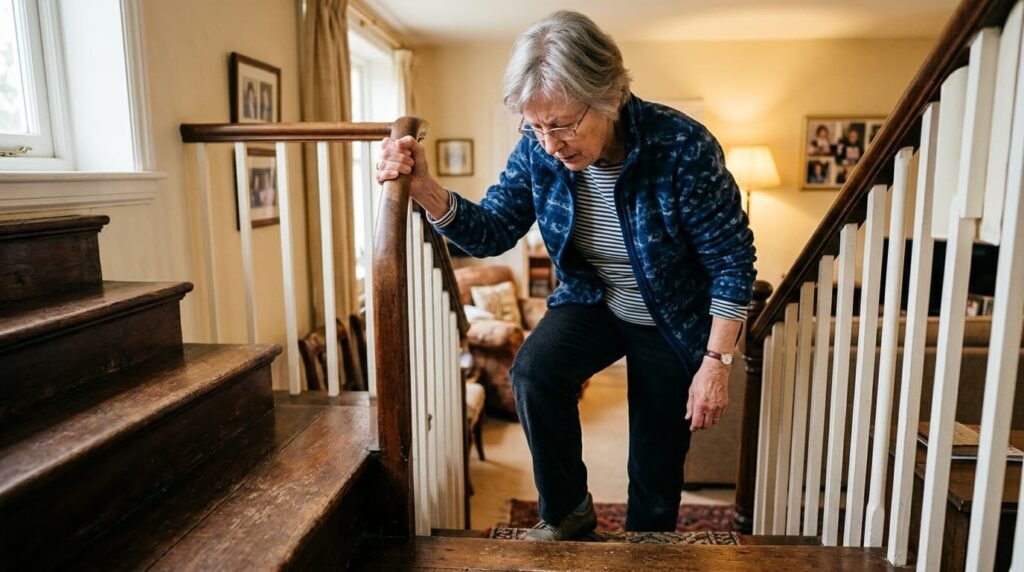 Older Adult With Knee Rheumatoid Arthritis Struggling to Climb Stairs