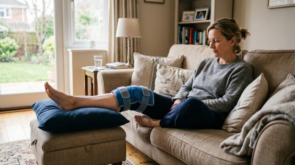 Patient Resting at Home With Ice Pack on Knee