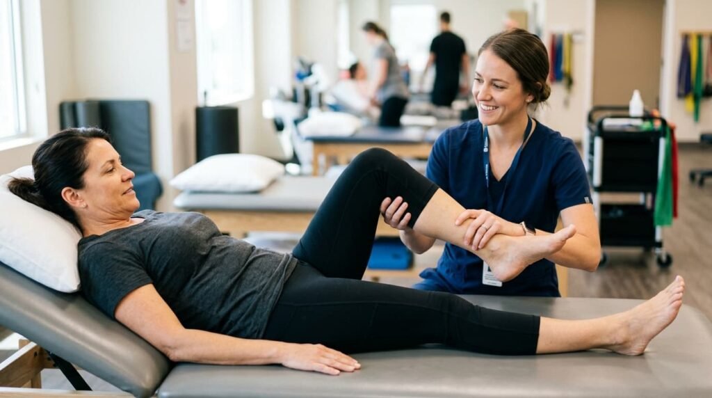 Physiotherapist Guiding Female Patient Through Knee Rehabilitation Exercise for PCOS