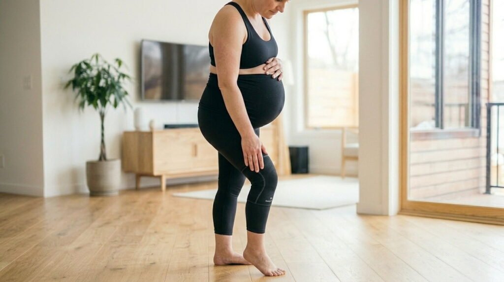 Pregnant Woman Wearing Knee Compression Sleeve
