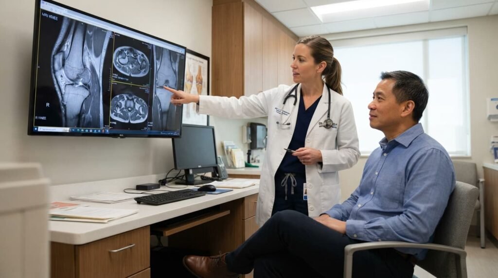 Doctor and Patient Reviewing Knee MRI Before Arthroscopy