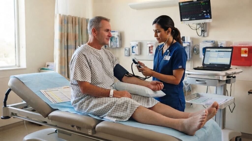 Nurse Checking Patient's Blood Pressure Before Knee Arthroscopy