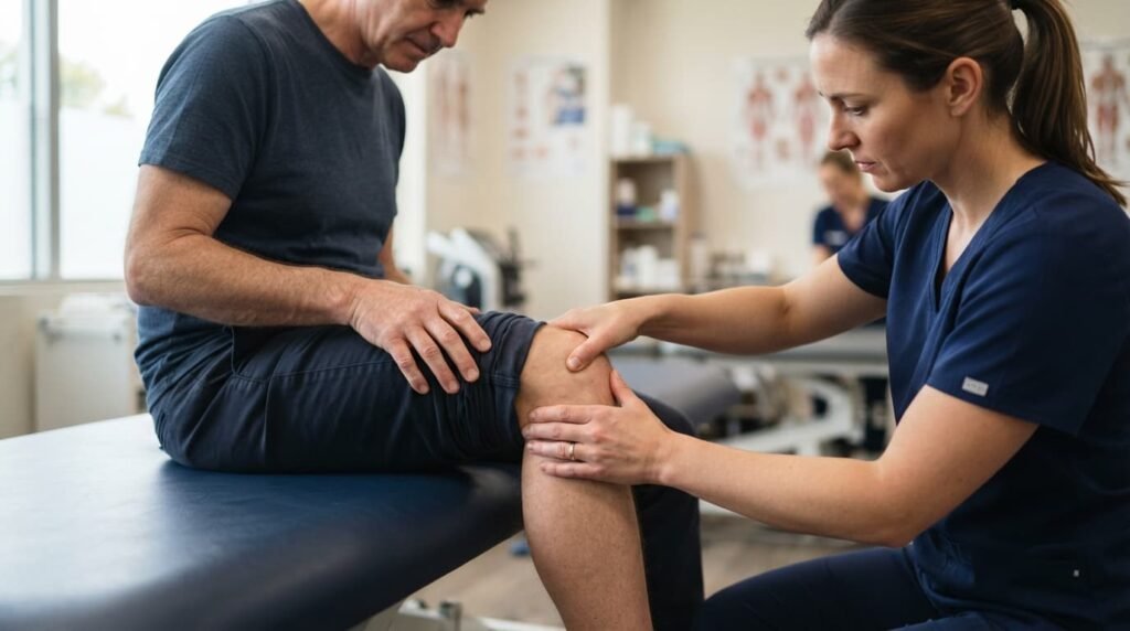 Physiotherapist Examining Patient's Knee Joint