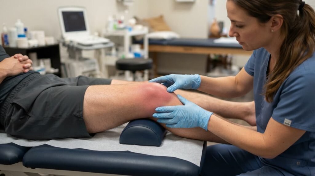 Physiotherapist Examining Swollen Knee for ACL Injury Symptoms