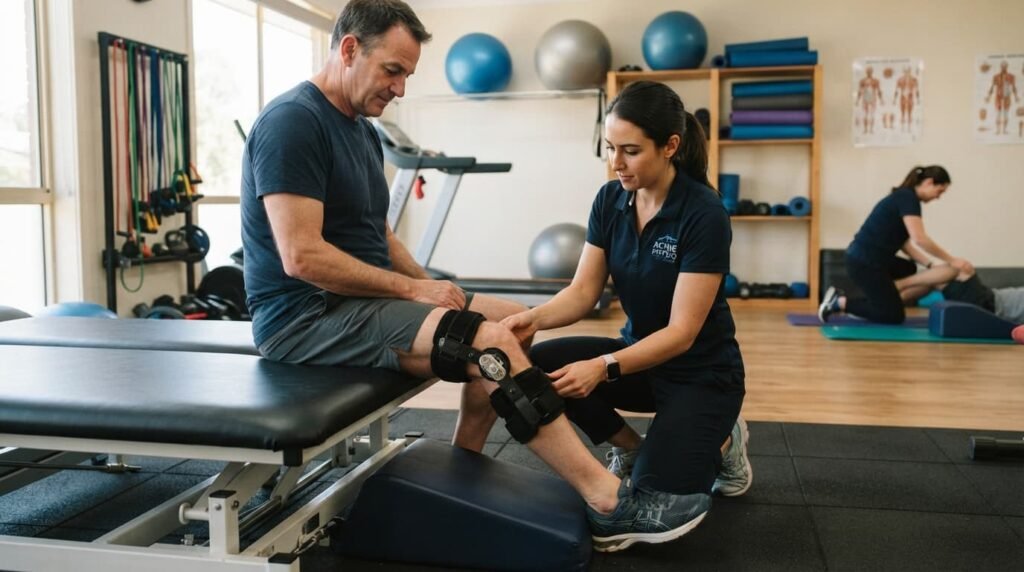 Physiotherapist Fitting Knee Brace After Arthroscopy Surgery