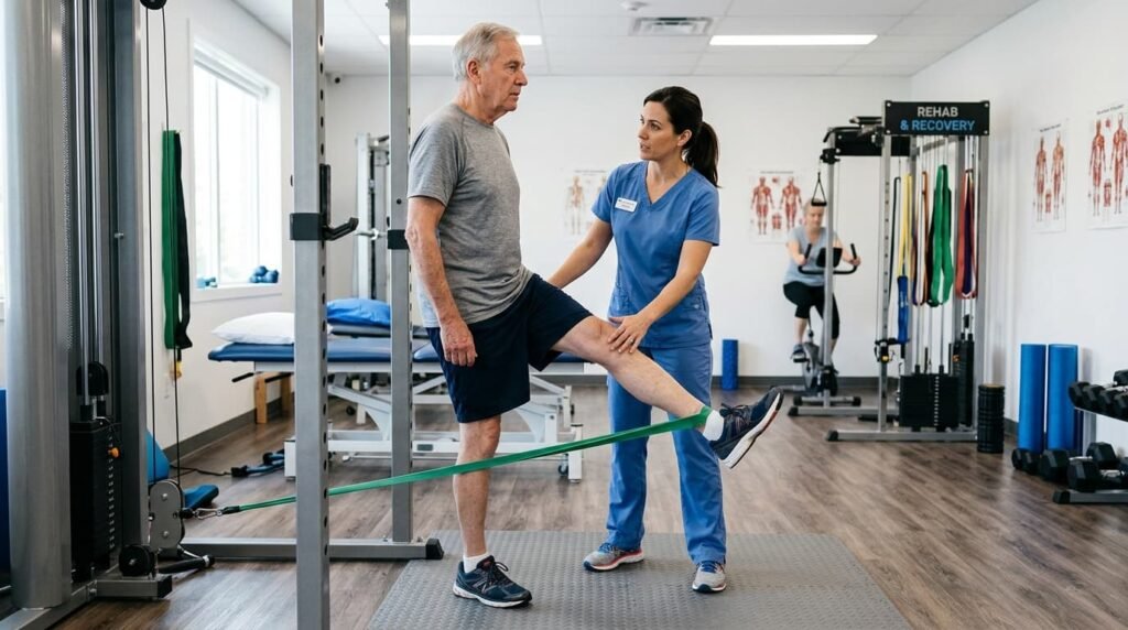 Physiotherapist Guiding Patient Through Knee Rehabilitation Exercises