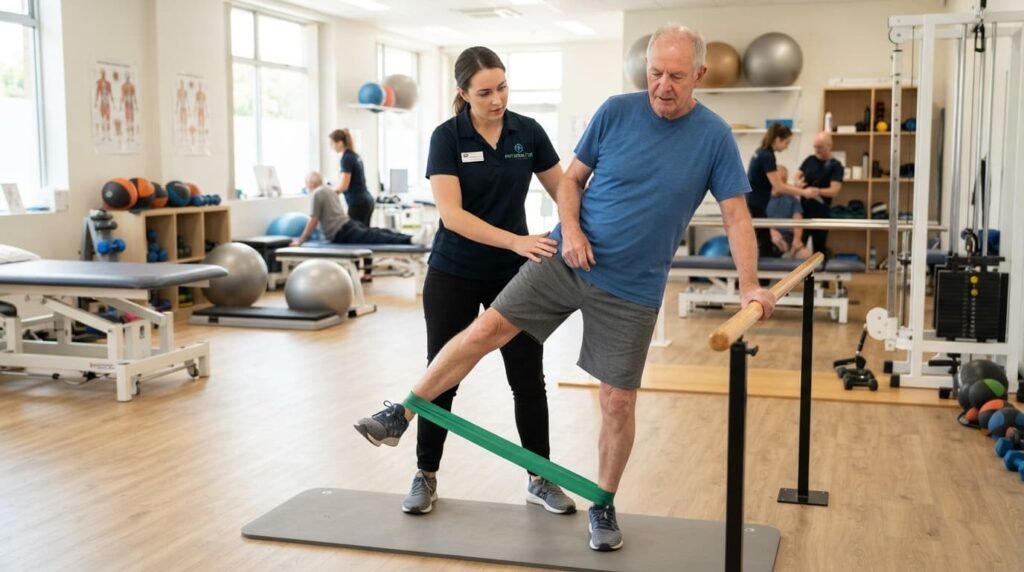 Physiotherapist Guiding Patient Through Knee Arthroscopy