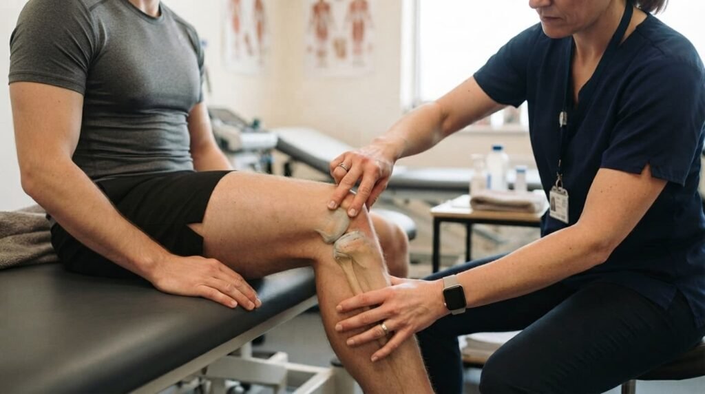 Prepatellar bursitis swelling sits directly over the kneecap
