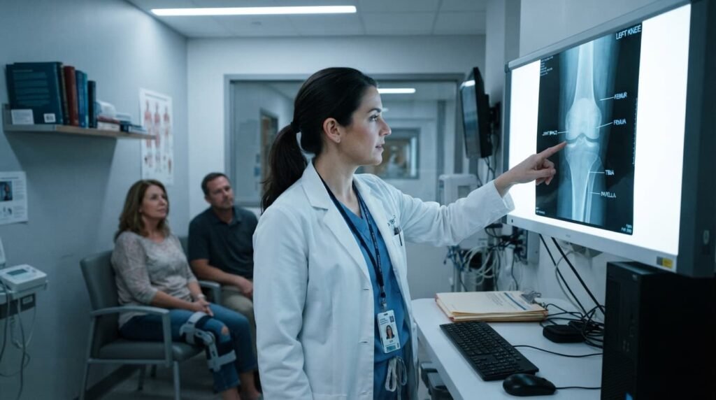 Specialist Reviewing X-Ray for Bone-on-Bone Knee Diagnosis