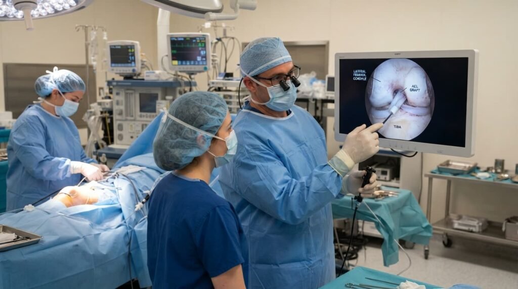 Surgical Team Reviewing Knee Image During ACL Reconstruction