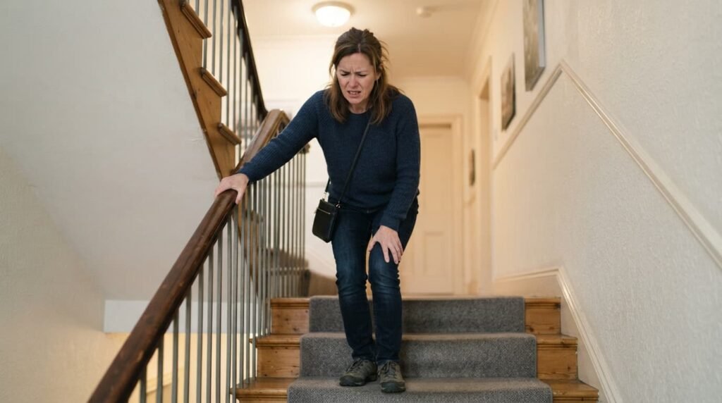 Woman Pausing on Stairs Due to Knee Pain