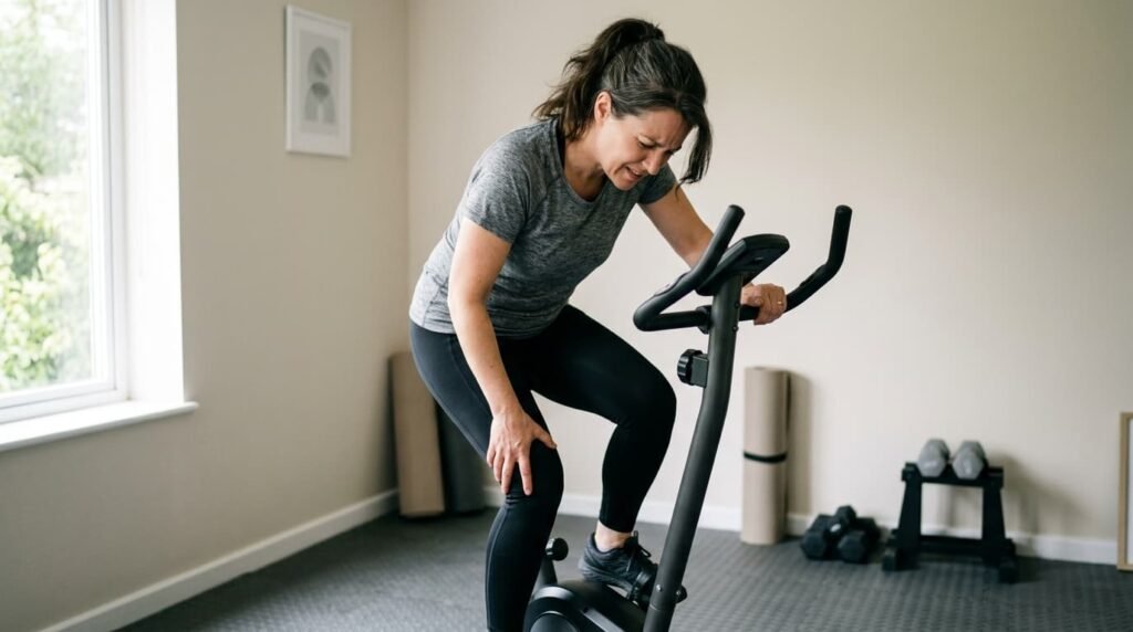 Woman Pausing at Exercise Bike Due to Knee Discomfort