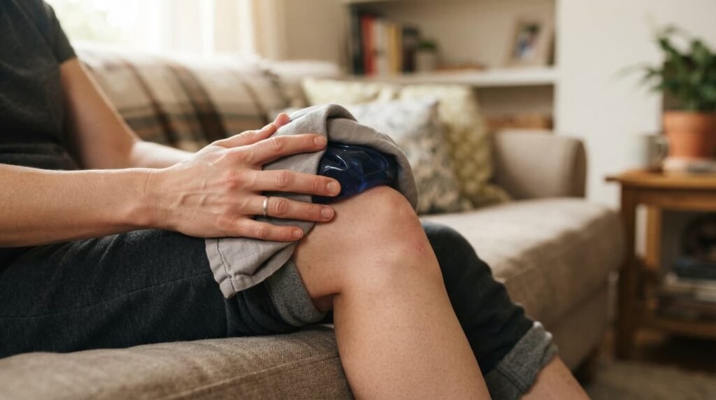 Applying Ice Pack to Knee for Pain Relief