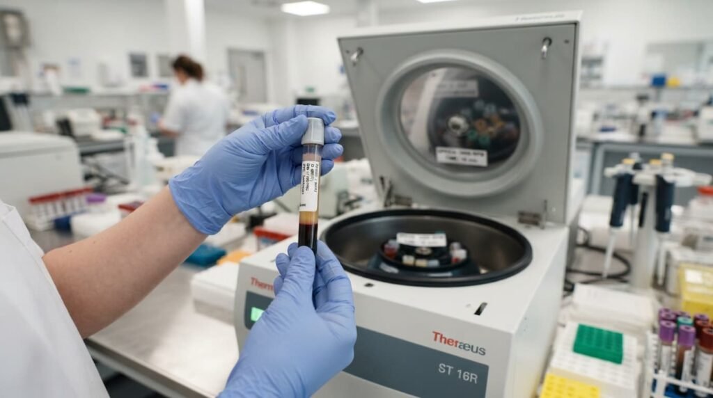 PRP Injection Preparation – Centrifuge Separating Platelet-Rich Plasma for Knee Treatment