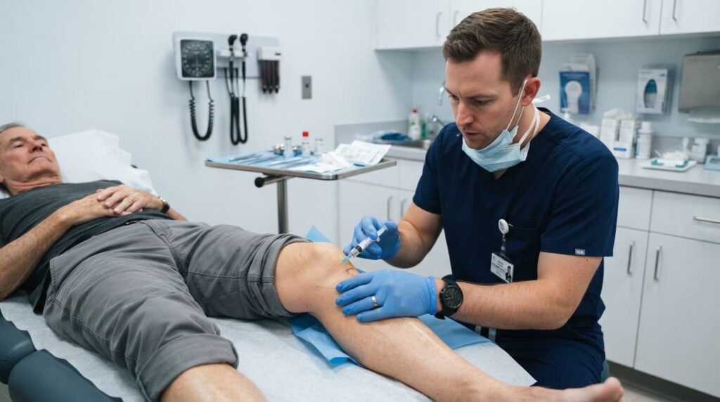 Clinician administering knee injection for osteoarthritis pain management