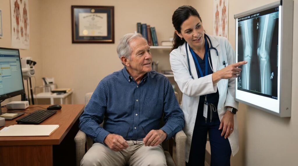 Clinician and patient reviewing knee X-ray to discuss whether osteoarthritis is genetic