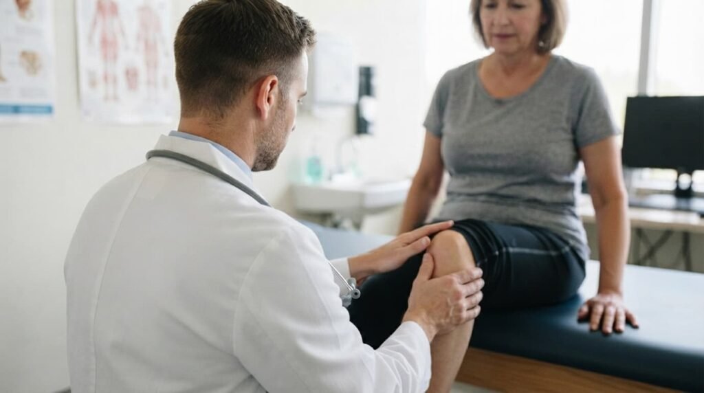 Clinician examining knee for osteoarthritis assessment
