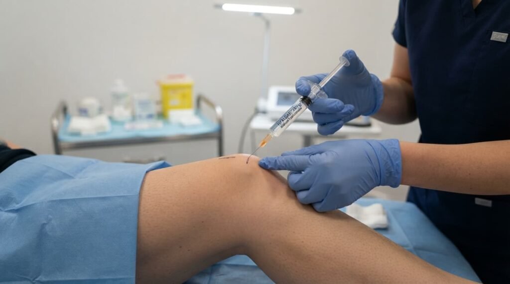 Clinician holding hyaluronic acid injection knee syringe during treatment