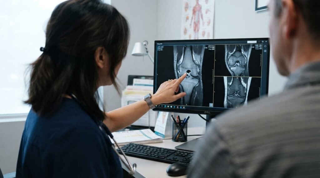 Knee Pain Treatment Consultation Reviewing Joint Scan Results