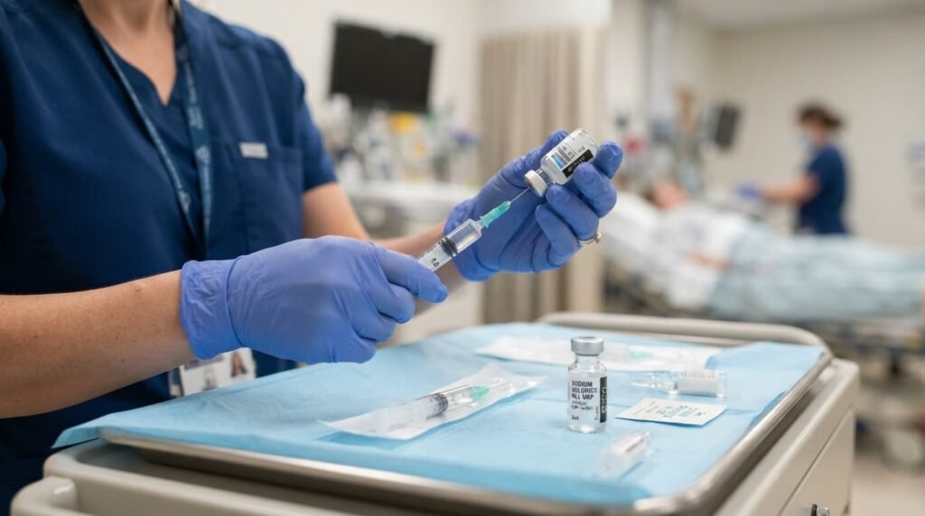Clinician preparing a syringe for a private knee injection procedure