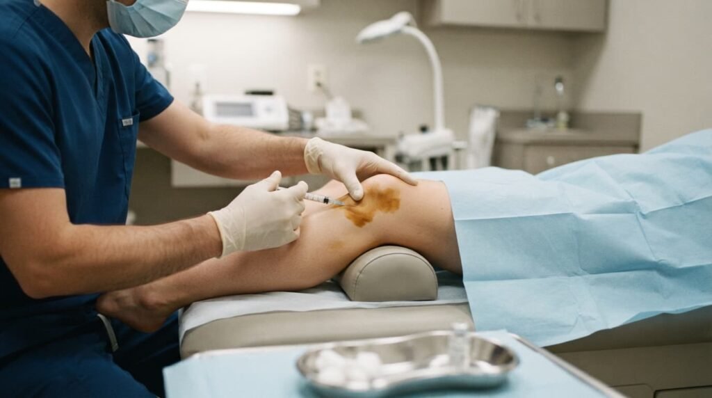 Clinician Preparing a Non-Surgical Knee Joint Injection