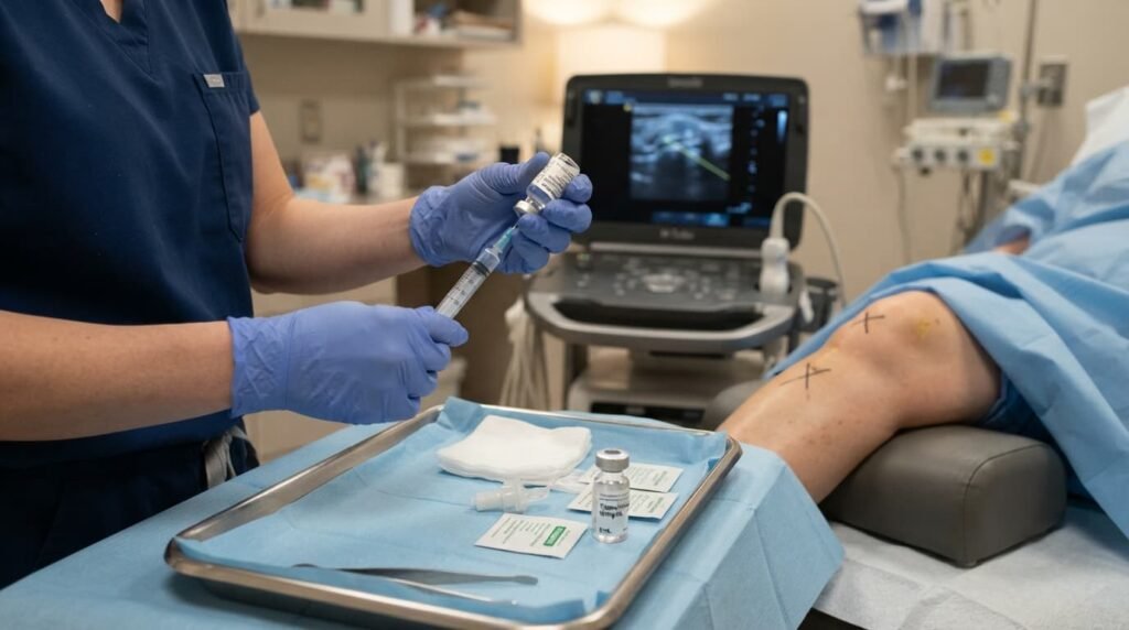linician performing a knee injection procedure