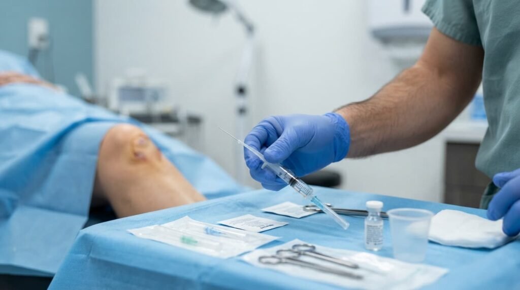 Clinician Preparing Syringe for Knee Injection