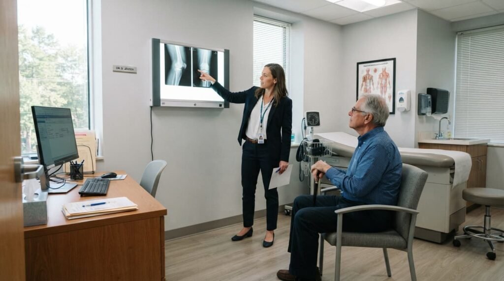 Clinician Reviewing Knee X-Ray With Patient