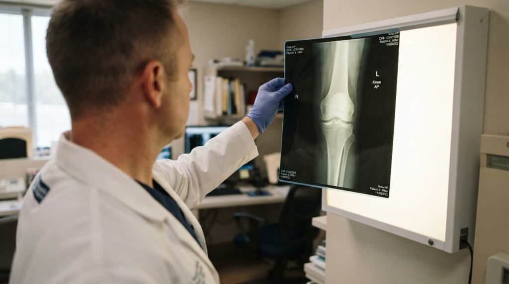 Clinician Reviewing Knee X-Ray for Osteoarthritis Diagnosis