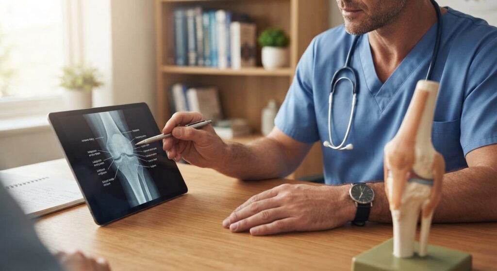 Knee Specialist Reviewing X-Ray During Consultation