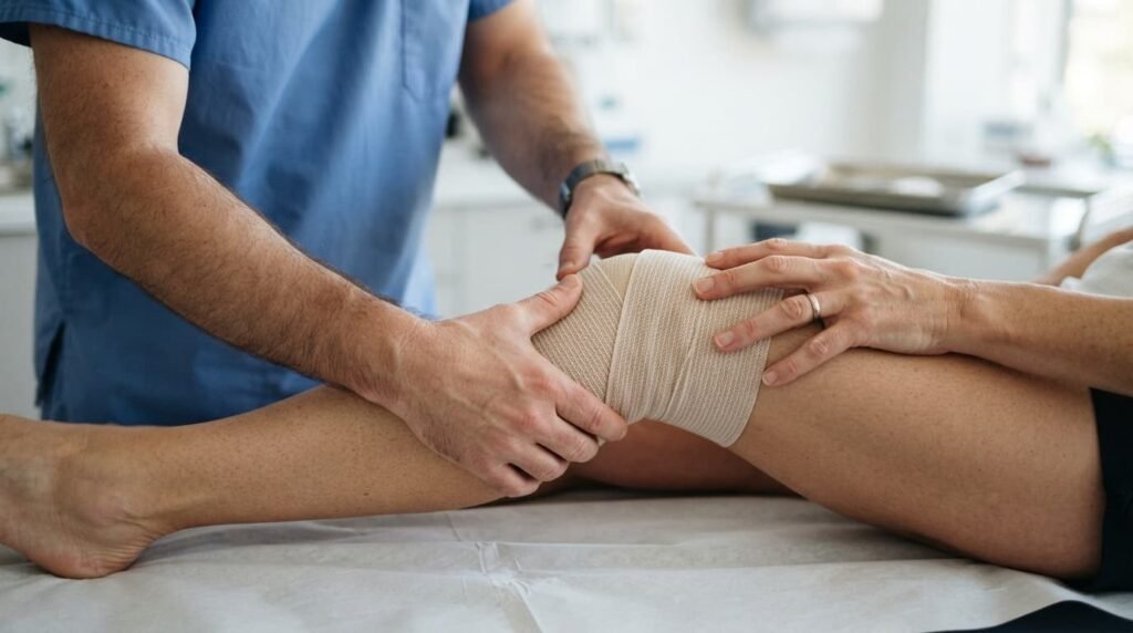 Clinician Wrapping Compression Bandage on Knee After Gel Injection Treatment