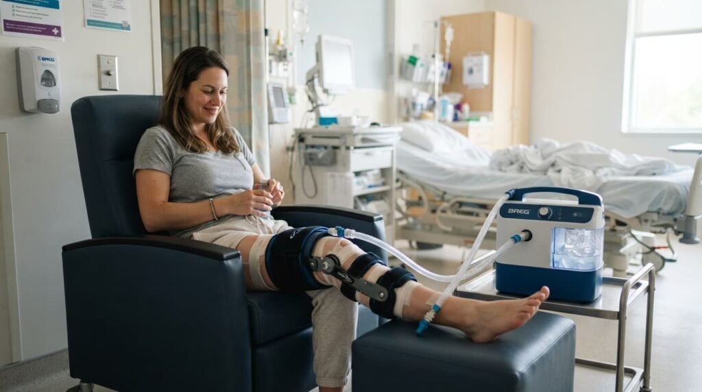 Cold therapy ice water compression to a knee during post-surgical recovery for ice bath for knee pain management