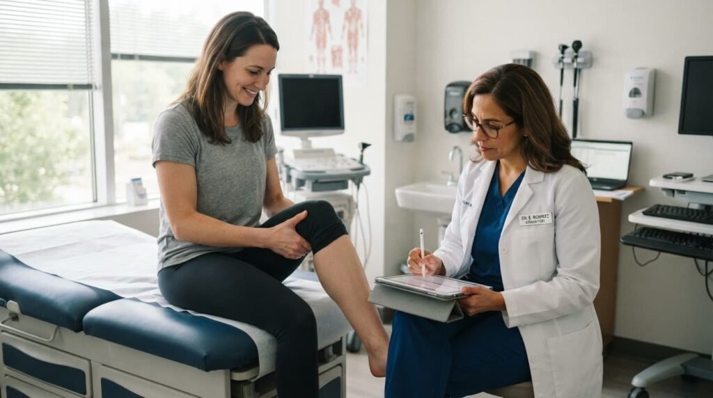 Consultant reviewing knee flexion with patient during follow-up consultation