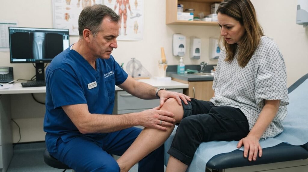Consultant examining a patient's knee joint during assessment