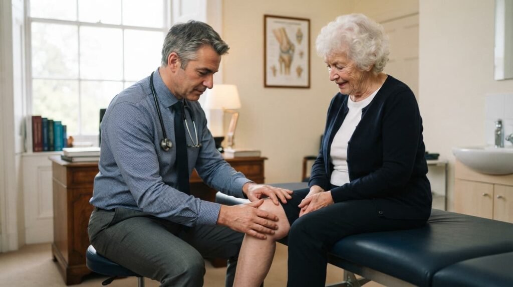 Consultant Assessing Patient for Knee Injection for Arthritis