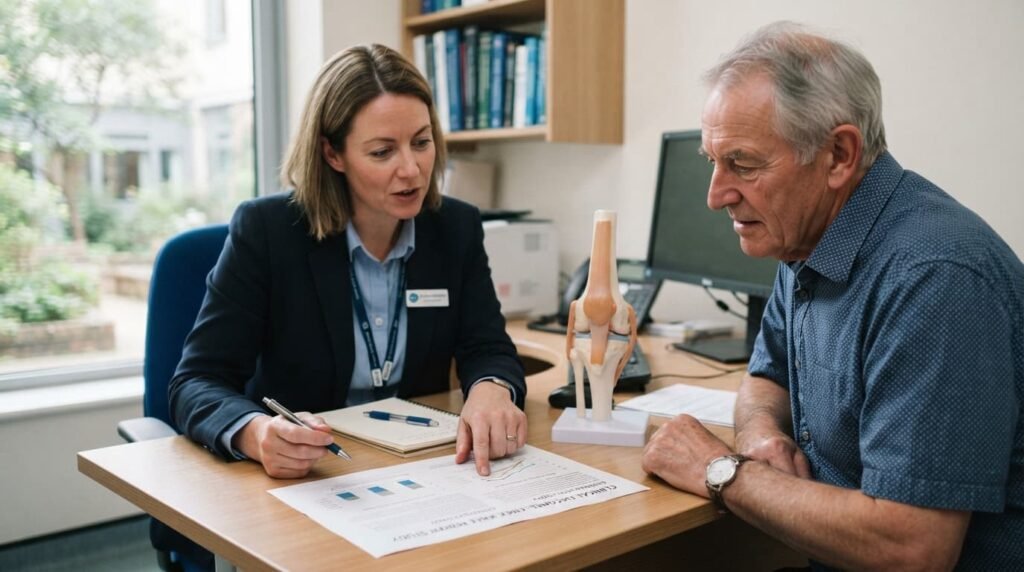 Consultant explaining Arthrosamid injection clinical study results to patient