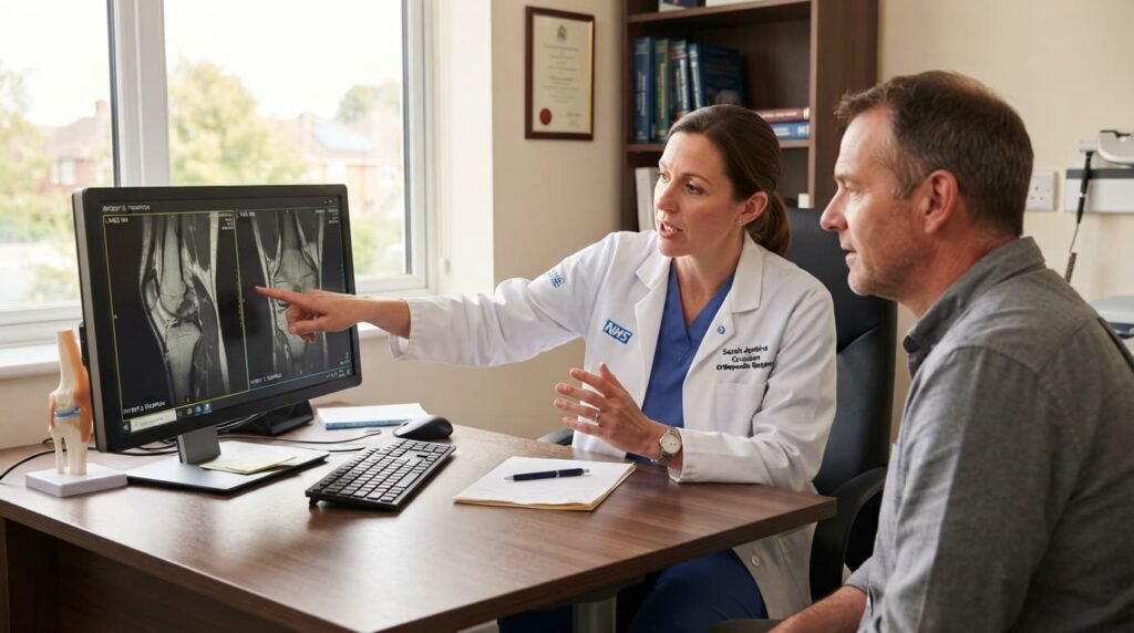 Doctor explaining knee MRI scan findings to a patient