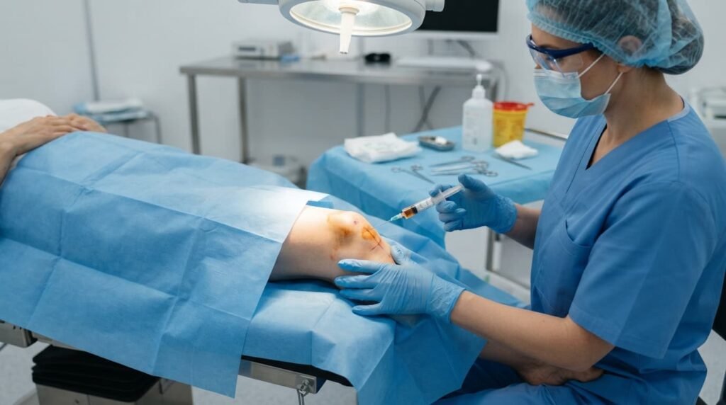 Doctor Performing Knee Aspiration To Diagnose Joint Infection