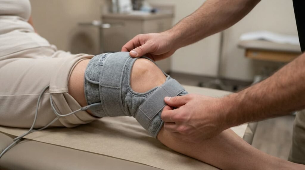 Heating Pad Applied to Knee for Arthritis Relief