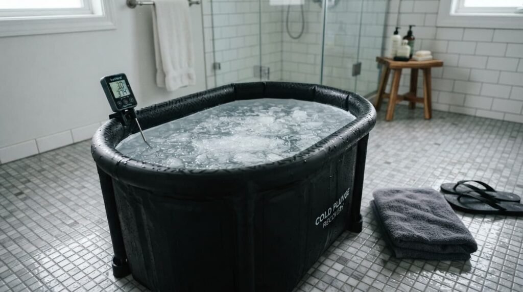 Portable ice bath tub set up indoors with cold water ready for an ice bath for knee pain routine at the correct temperature