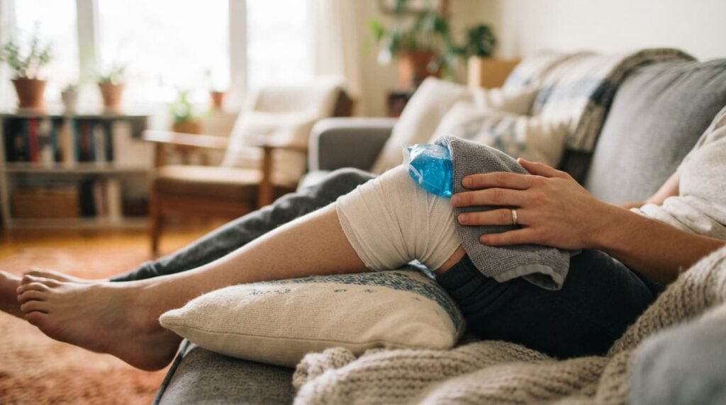 Ice Pack Applied to Bandaged Knee After Replacement Surgery