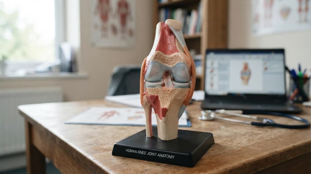 Knee joint anatomical model on consultation desk